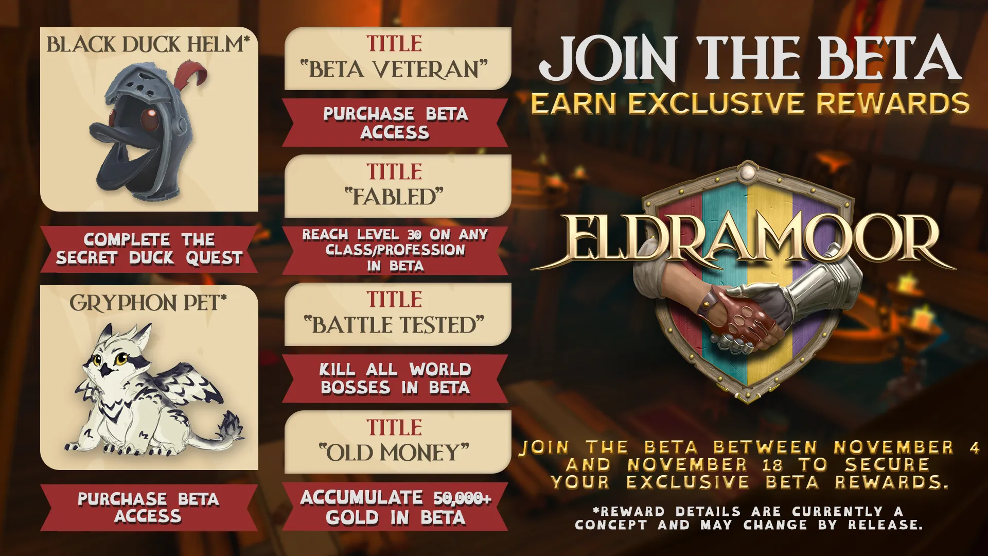 The Eldramoor Beta is coming! Join Nov 4–18 to earn exclusive rewards: